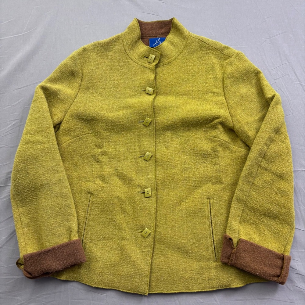 JH Collectibles Womens Wool Blend Jacket Chartreuse Yellow Brown Cuffed Medium